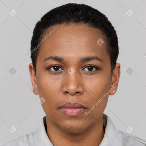 Neutral black young-adult female with short  black hair and brown eyes