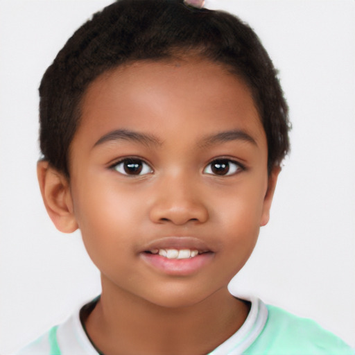 Joyful latino child female with short  brown hair and brown eyes