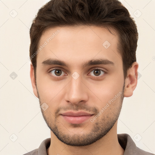 Neutral white young-adult male with short  brown hair and brown eyes