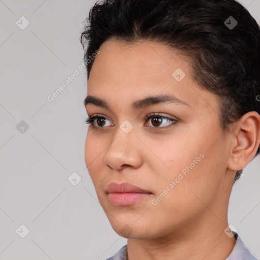 Neutral white young-adult female with short  brown hair and brown eyes