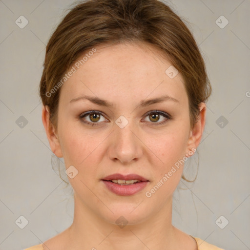 Joyful white young-adult female with medium  brown hair and green eyes