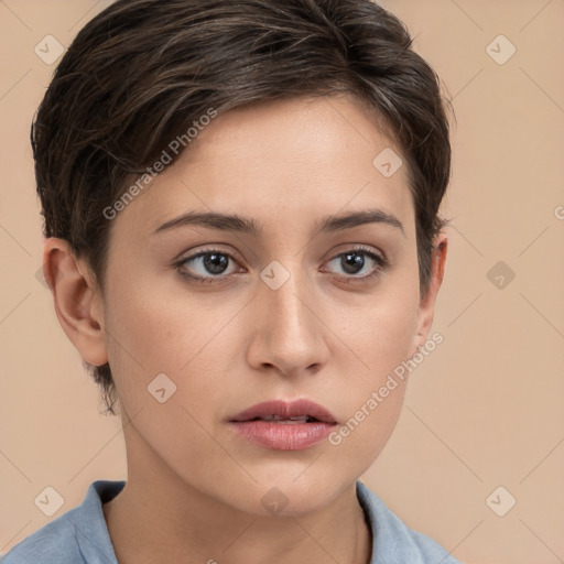 Neutral white young-adult female with short  brown hair and brown eyes