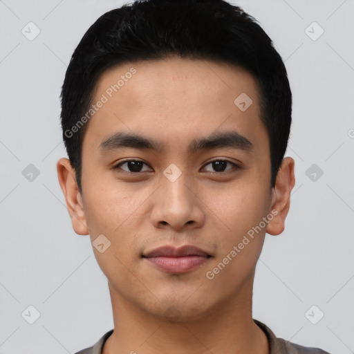 Neutral asian young-adult male with short  black hair and brown eyes