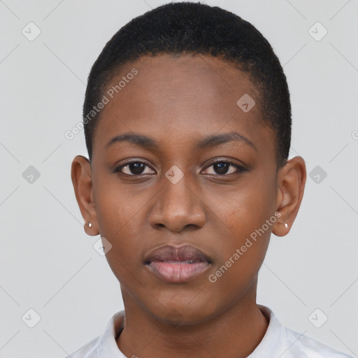 Neutral black young-adult female with short  black hair and brown eyes