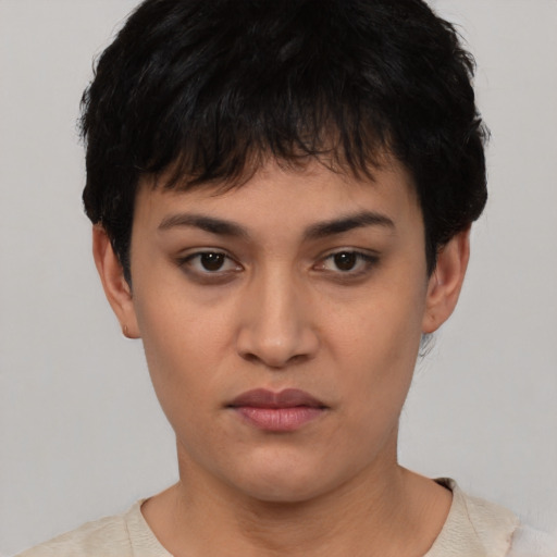 Neutral asian young-adult female with short  black hair and brown eyes