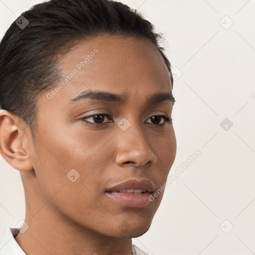 Neutral white young-adult female with short  brown hair and brown eyes