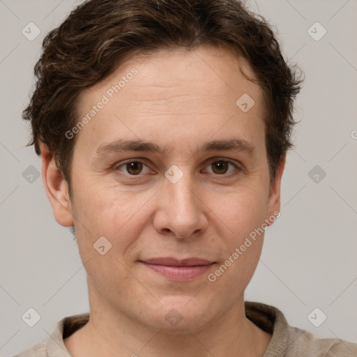 Joyful white adult female with short  brown hair and brown eyes