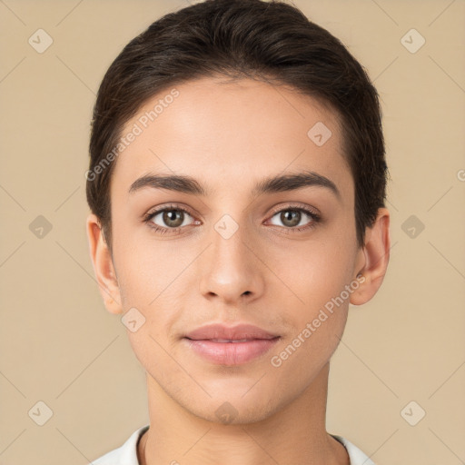 Joyful white young-adult female with short  brown hair and brown eyes