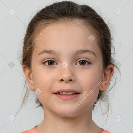 Joyful white child female with medium  brown hair and brown eyes