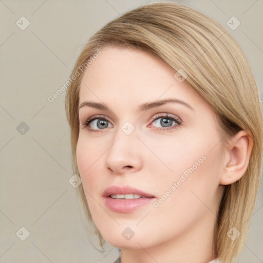 Neutral white young-adult female with long  brown hair and grey eyes