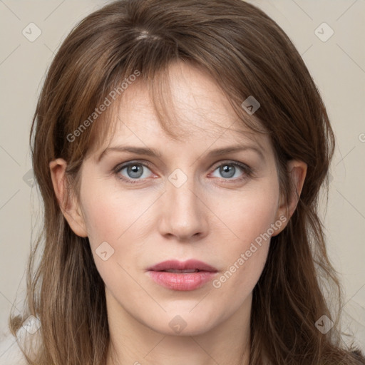 Neutral white young-adult female with medium  brown hair and grey eyes