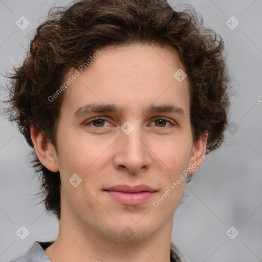 Joyful white young-adult male with medium  brown hair and brown eyes