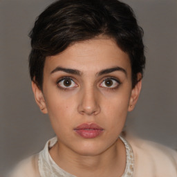 Neutral white young-adult female with short  brown hair and brown eyes