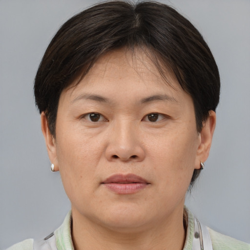 Joyful asian adult female with short  brown hair and brown eyes