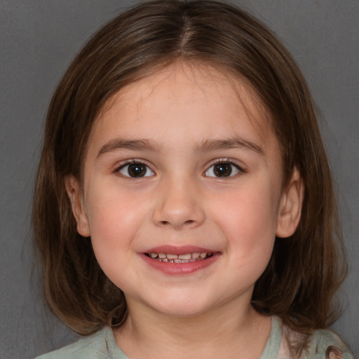 Joyful white child female with medium  brown hair and brown eyes