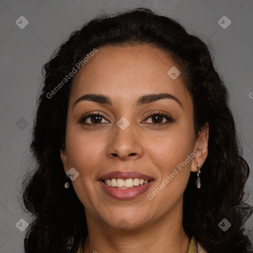 Joyful latino young-adult female with long  brown hair and brown eyes