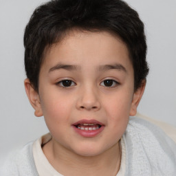 Joyful white child female with short  brown hair and brown eyes