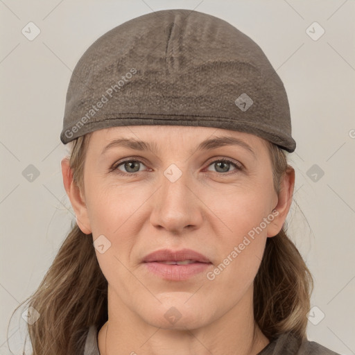 Joyful white adult female with medium  brown hair and grey eyes