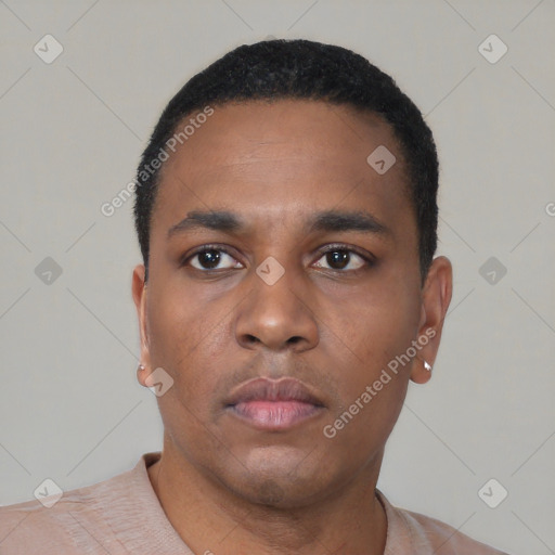 Neutral black young-adult male with short  black hair and brown eyes