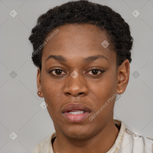 Neutral black young-adult female with short  black hair and brown eyes