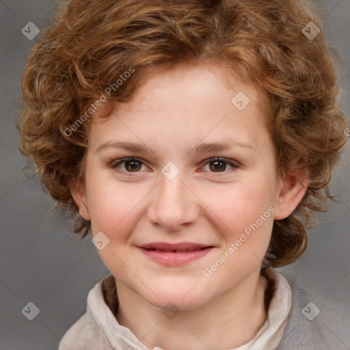 Joyful white child female with medium  brown hair and brown eyes