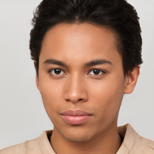 Neutral latino young-adult male with short  brown hair and brown eyes