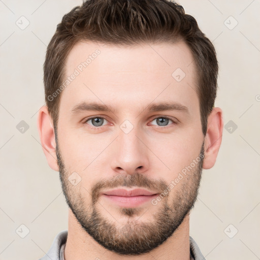 Neutral white young-adult male with short  brown hair and brown eyes