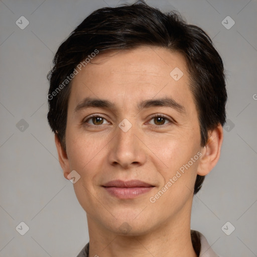 Joyful white adult male with short  brown hair and brown eyes