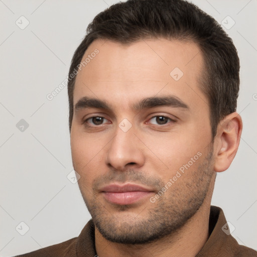 Neutral white young-adult male with short  brown hair and brown eyes