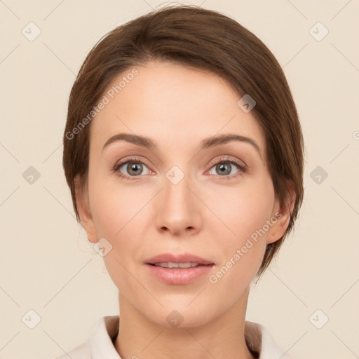 Joyful white young-adult female with medium  brown hair and grey eyes