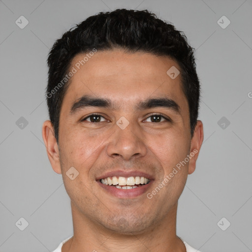 Joyful white young-adult male with short  black hair and brown eyes