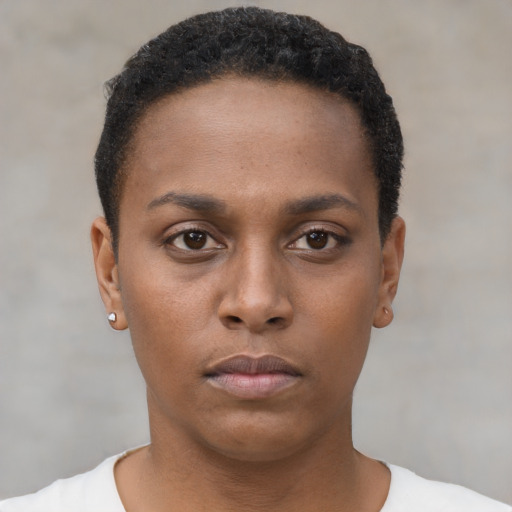 Neutral black young-adult female with short  brown hair and brown eyes