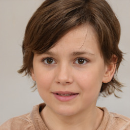 Joyful white child female with medium  brown hair and brown eyes