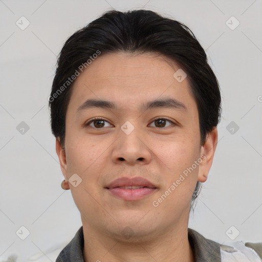 Neutral asian young-adult male with short  brown hair and brown eyes