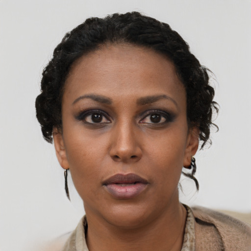 Neutral latino young-adult female with short  brown hair and brown eyes