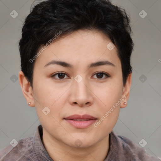 Joyful white young-adult female with short  brown hair and brown eyes