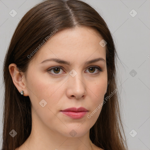 Neutral white young-adult female with long  brown hair and brown eyes