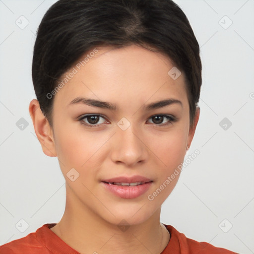 Joyful white young-adult female with short  brown hair and brown eyes