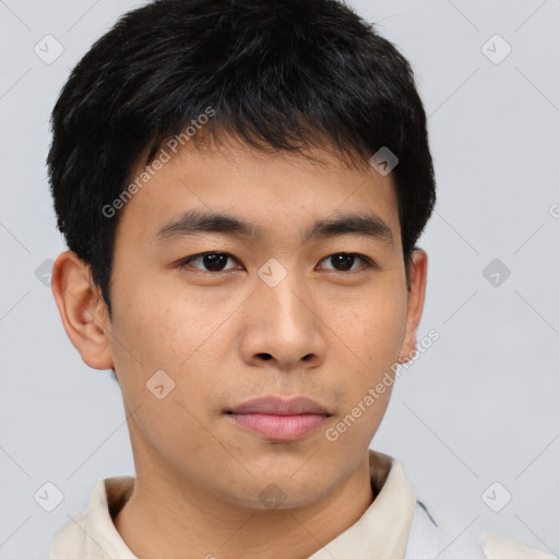 Neutral asian young-adult male with short  brown hair and brown eyes
