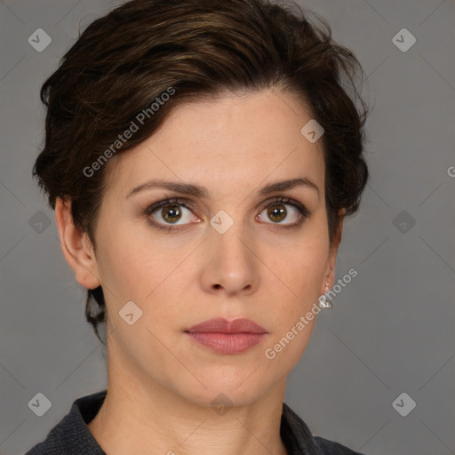 Neutral white young-adult female with short  brown hair and brown eyes