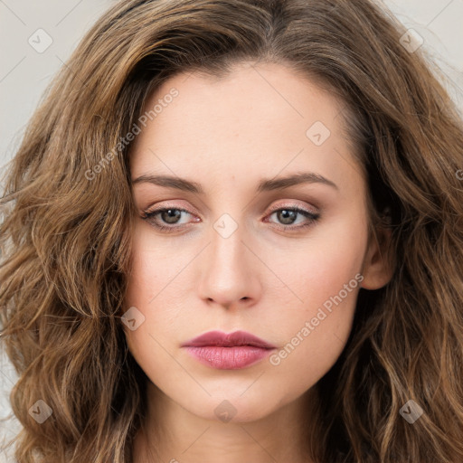 Neutral white young-adult female with long  brown hair and brown eyes