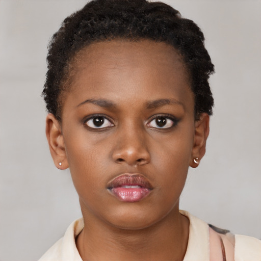 Neutral black young-adult female with short  brown hair and brown eyes