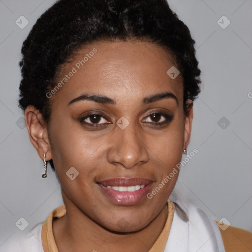 Joyful latino young-adult female with short  brown hair and brown eyes