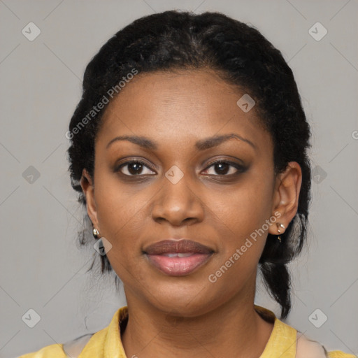 Joyful black young-adult female with medium  black hair and brown eyes