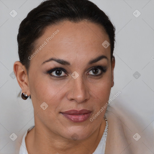 Joyful latino young-adult female with short  brown hair and brown eyes