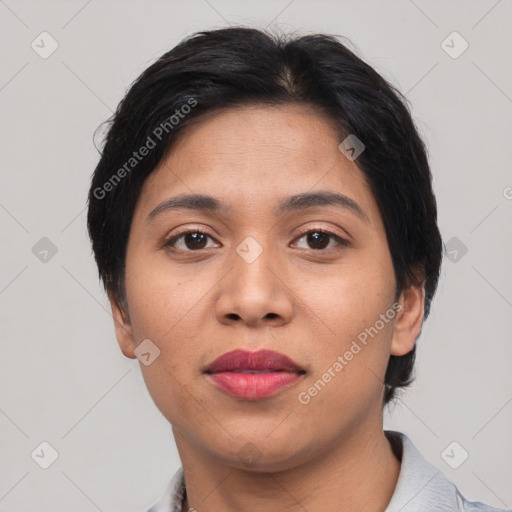 Neutral asian young-adult female with short  black hair and brown eyes