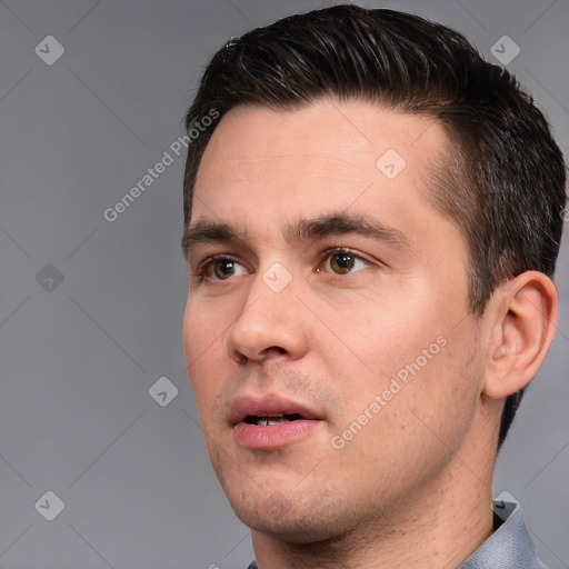 Neutral white young-adult male with short  brown hair and brown eyes