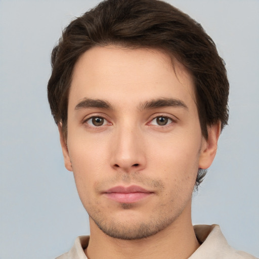 Neutral white young-adult male with short  brown hair and brown eyes