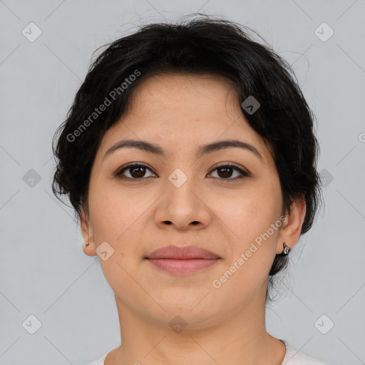 Joyful asian young-adult female with short  brown hair and brown eyes