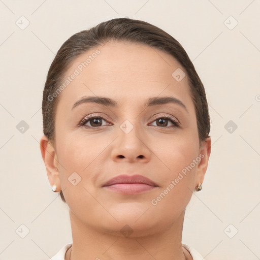 Neutral white young-adult female with short  brown hair and brown eyes